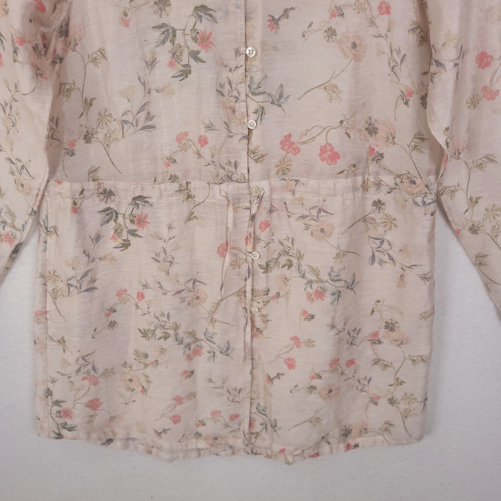 J Jill Top Tunic Sz S Floral Linen Blend Drawstring Waist Coastal Vocation Sheer - Picture 9 of 14